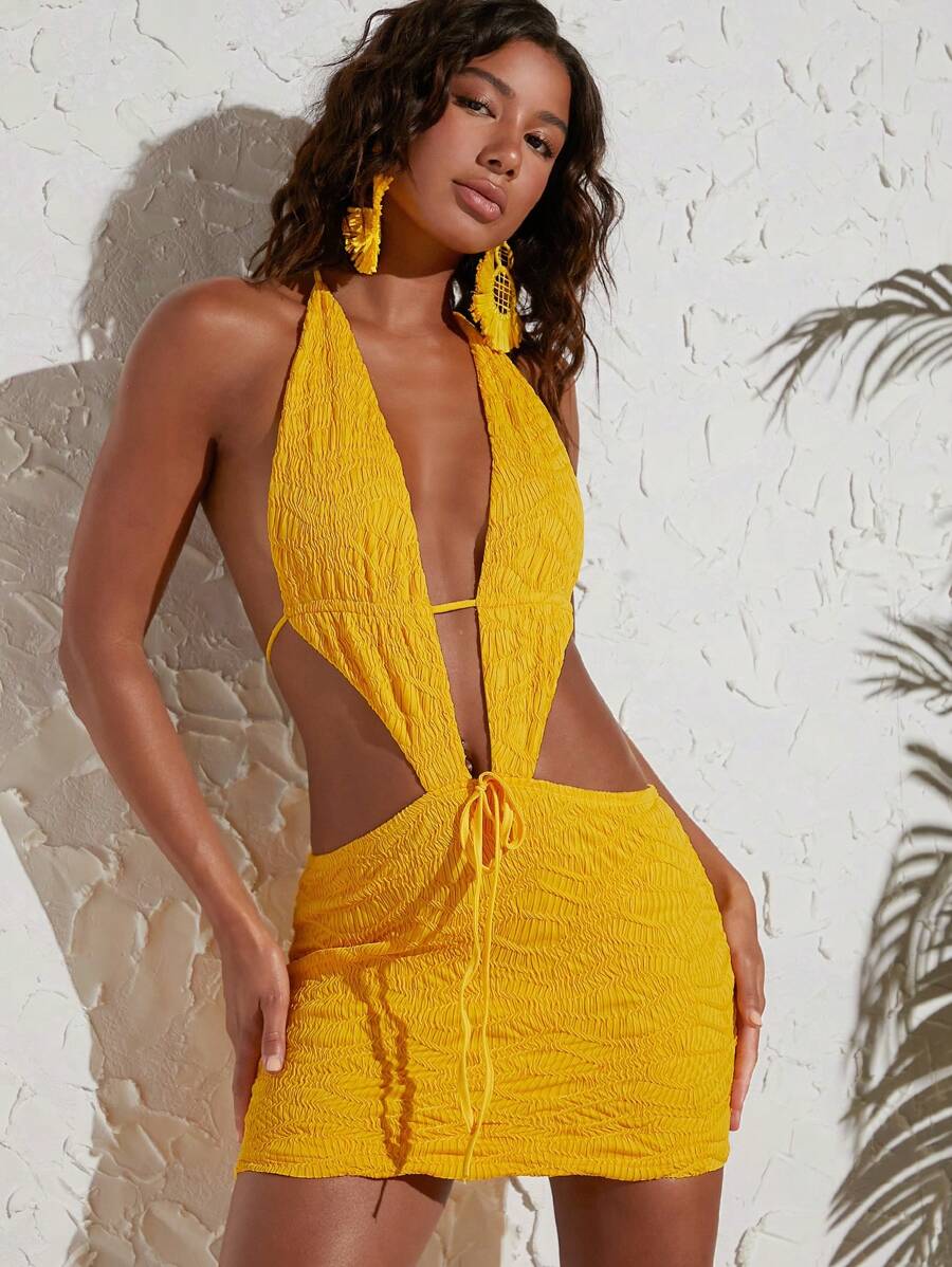 SHEIN VCAY 前繫帶繞頸露背緊身連衣裙 - 黃色 - 查看 1
