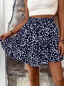 SHEIN LUNE Allover Print Paperbag Waist Belted Shorts - Navy Blue - View 1