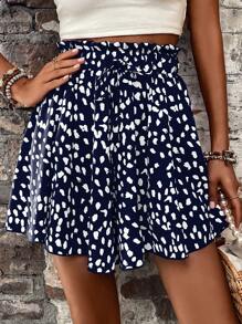 SHEIN LUNE Allover Print Paperbag Waist Belted Shorts - Navy Blue - View 4