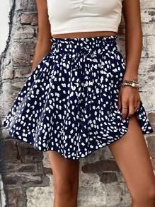 SHEIN LUNE Allover Print Paperbag Waist Belted Shorts - Navy Blue - View 5