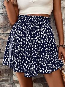 SHEIN LUNE Allover Print Paperbag Waist Belted Shorts - Navy Blue - View 6