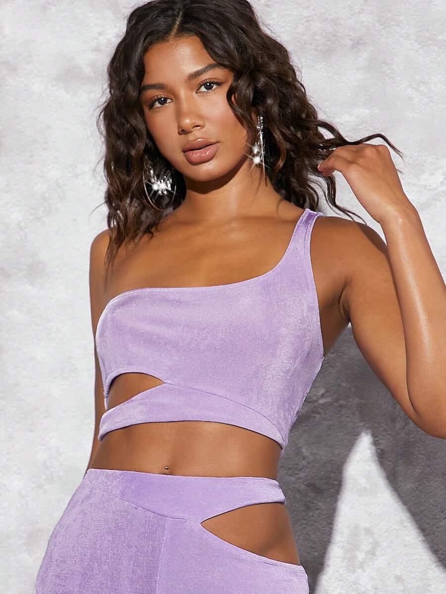 SHEIN BAE 單肩腰部鏤空短款上衣 - 紫丁香色 - 查看 1