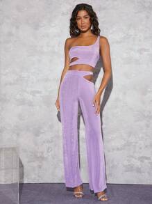 SHEIN BAE 單肩腰部鏤空短款上衣 - 紫丁香色 - 查看 5