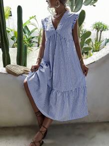 Breezaya Đầm Xù Viên lá sen Sọc Boho - Màu xanh lam - Xem 1