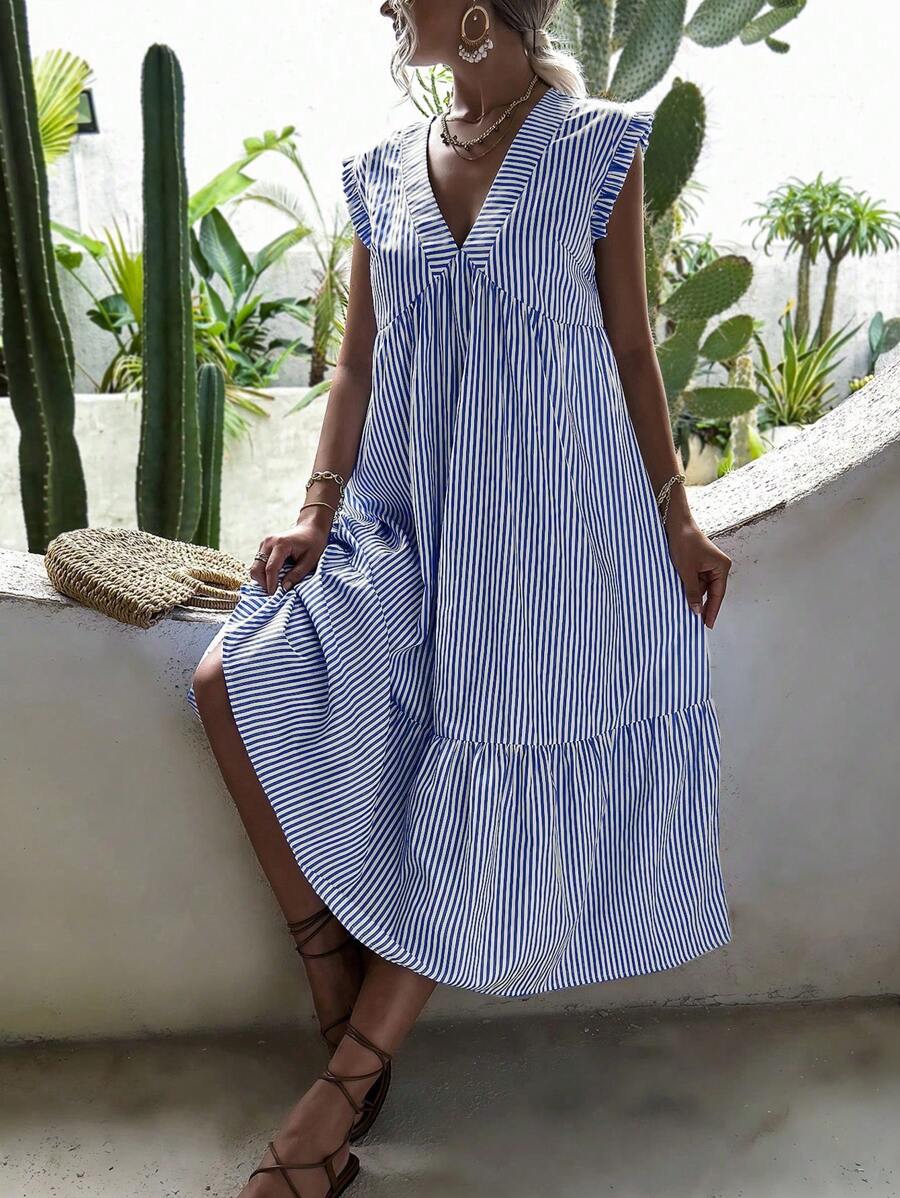 Breezaya Đầm Xù Viên lá sen Sọc Boho - Màu xanh lam - Xem 1