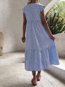 Breezaya Đầm Xù Viên lá sen Sọc Boho - Màu xanh lam - Xem 2