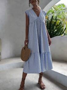 Breezaya Đầm Xù Viên lá sen Sọc Boho - Màu xanh lam - Xem 3