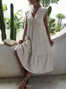 Breezaya Striped Print Ruffle Hem Smock Dress - Khaki - View 1