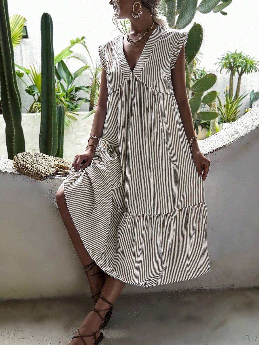 Breezaya Striped Print Ruffle Hem Smock Dress - Khaki - View 1