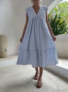 Breezaya Đầm Xù Viên lá sen Sọc Boho - Màu xanh lam - Xem 4