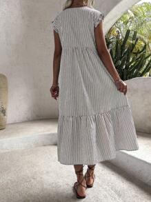 Breezaya Striped Print Ruffle Hem Smock Dress - Khaki - View 2