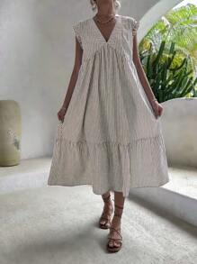 Breezaya Striped Print Ruffle Hem Smock Dress - Khaki - View 3