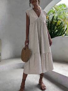 Breezaya Striped Print Ruffle Hem Smock Dress - Khaki - View 4