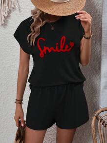 SHEIN LUNE Bộ đồ hai mảnh nữ Tim Lá thư Giải trí - màu đen - Xem 1