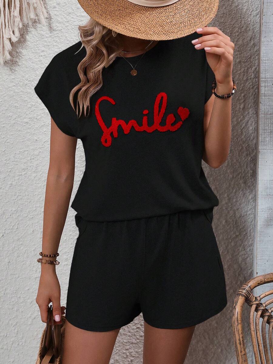 SHEIN LUNE Bộ đồ hai mảnh nữ Tim Lá thư Giải trí - màu đen - Xem 1