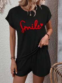 SHEIN LUNE Bộ đồ hai mảnh nữ Tim Lá thư Giải trí - màu đen - Xem 4