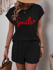 SHEIN LUNE Bộ đồ hai mảnh nữ Tim Lá thư Giải trí - màu đen - Xem 6