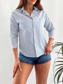 EURMUSE Striped Print Drop Shoulder Shirt - Blue and White - View 3