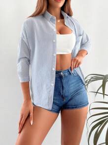 EURMUSE Striped Print Drop Shoulder Shirt - Blue and White - View 1
