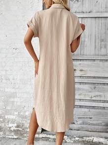 SHEIN LUNE 素色前紐扣襯衫連衣裙不附腰帶 - 杏色 - 查看 2