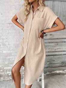 SHEIN LUNE 素色前紐扣襯衫連衣裙不附腰帶 - 杏色 - 查看 3