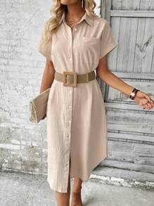 SHEIN LUNE 素色前紐扣襯衫連衣裙不附腰帶 - 杏色 - 查看 4