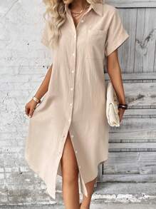 SHEIN LUNE 素色前紐扣襯衫連衣裙不附腰帶 - 杏色 - 查看 5