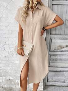 SHEIN LUNE 素色前紐扣襯衫連衣裙不附腰帶 - 杏色 - 查看 6