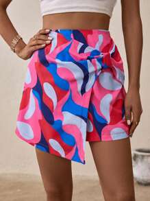 SHEIN VCAY Quần đùi nữ Thắt nút Trọn gói Tất cả trên in Giải trí - Hồng - Xem 1