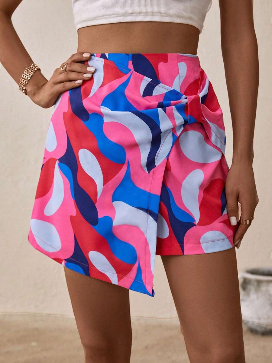 SHEIN VCAY Quần đùi nữ Thắt nút Trọn gói Tất cả trên in Giải trí - Hồng - Xem 1