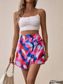 SHEIN VCAY Quần đùi nữ Thắt nút Trọn gói Tất cả trên in Giải trí - Hồng - Xem 3