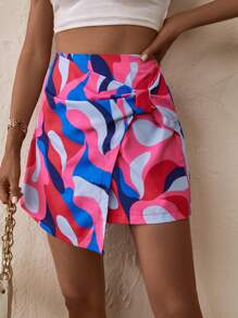 SHEIN VCAY Quần đùi nữ Thắt nút Trọn gói Tất cả trên in Giải trí - Hồng - Xem 4