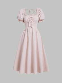 SHEIN MOD Square Neck Lace Up Front Puff Sleeve Dress - Baby Pink - View 1