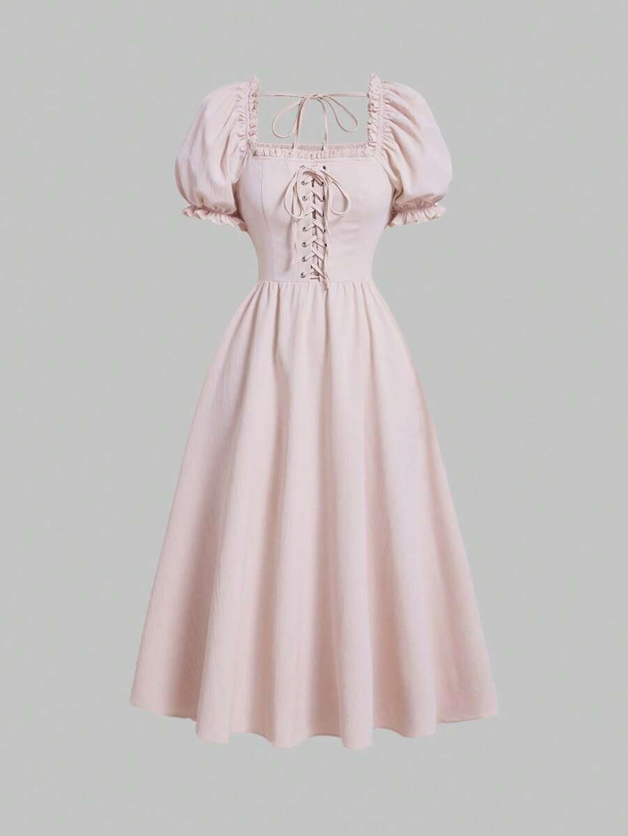 SHEIN MOD Square Neck Lace Up Front Puff Sleeve Dress - Baby Pink - View 1