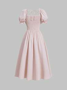 SHEIN MOD Square Neck Lace Up Front Puff Sleeve Dress - Baby Pink - View 2