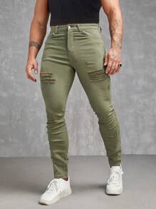 GENTILAND Men Cotton Ripped Skinny Jeans - Army Green - View 1