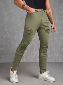 GENTILAND Men Cotton Ripped Skinny Jeans - Army Green - View 4