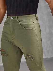 GENTILAND Men Cotton Ripped Skinny Jeans - Army Green - View 5