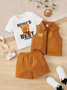 SHEIN Leap Crew 男嬰翻蓋細節夾克背心和短褲和卡通圖案T恤 - 棕色 - 查看 3