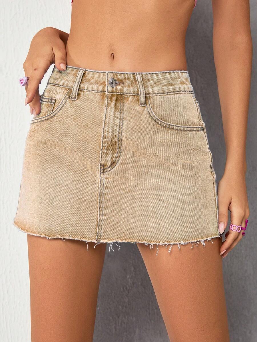 SHEIN ICON Váy denim nữ Nút Túi Hem thô Dây kéo màu trơn - Màu Khaki - Xem 1