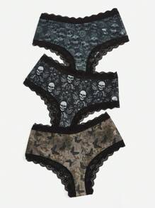 ROMWE Goth 3pack Skull Print Lace Trim Panty Set - Multicolor - View 5
