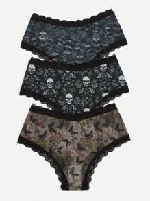 ROMWE Goth 3pack Skull Print Lace Trim Panty Set - Multicolor - View 2