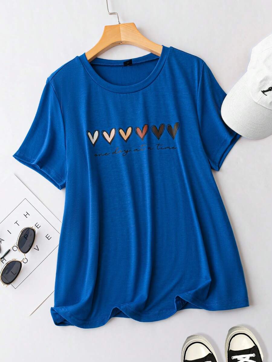 Flirla Áo thun Plus size Slogan Tim Giải trí - Xanh đậm - Xem 1