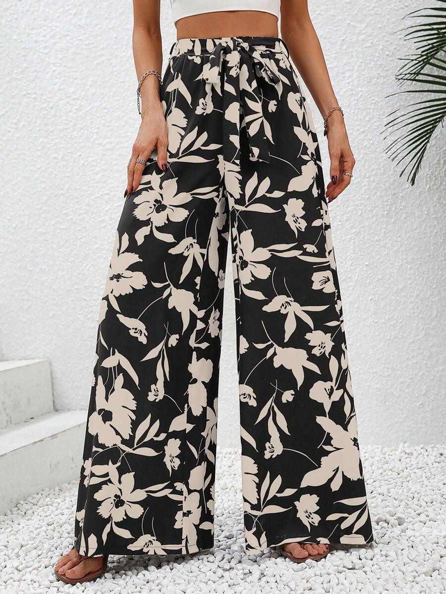 SHEIN VCAY Quần nữ Thắt lưng Hoa Tất cả trên in Boho - màu đen - Xem 1