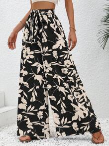 SHEIN VCAY Quần nữ Thắt lưng Hoa Tất cả trên in Boho - màu đen - Xem 3