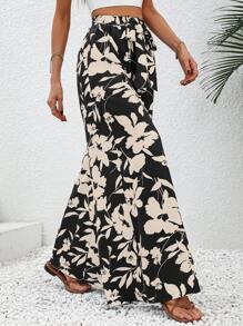 SHEIN VCAY Quần nữ Thắt lưng Hoa Tất cả trên in Boho - màu đen - Xem 5