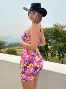 SHEIN ICON Đầm Hội Chữ thập Cắt ra Dây kéo Xù Buộc lại Cà vạt nhuộm Gợi cảm - Nhiều màu - Xem 2