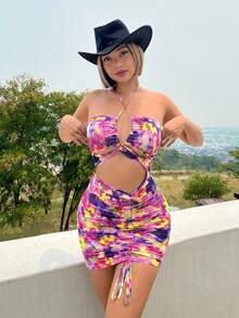 SHEIN ICON Đầm Hội Chữ thập Cắt ra Dây kéo Xù Buộc lại Cà vạt nhuộm Gợi cảm - Nhiều màu - Xem 3