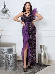 SISKAKIA 網紗拼接荷葉邊高衩亮片派對禮服 - 紫色 - 查看 1