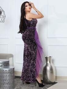 SISKAKIA 網紗拼接荷葉邊高衩亮片派對禮服 - 紫色 - 查看 2